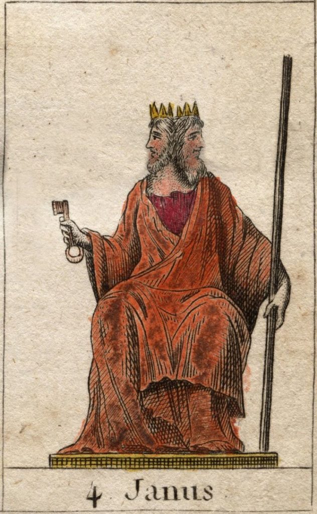 Tarot style depiction of the two faced deity Janus sat on a throne wearing an orange robe, with a key in his right hand, and a staff in his left hand.