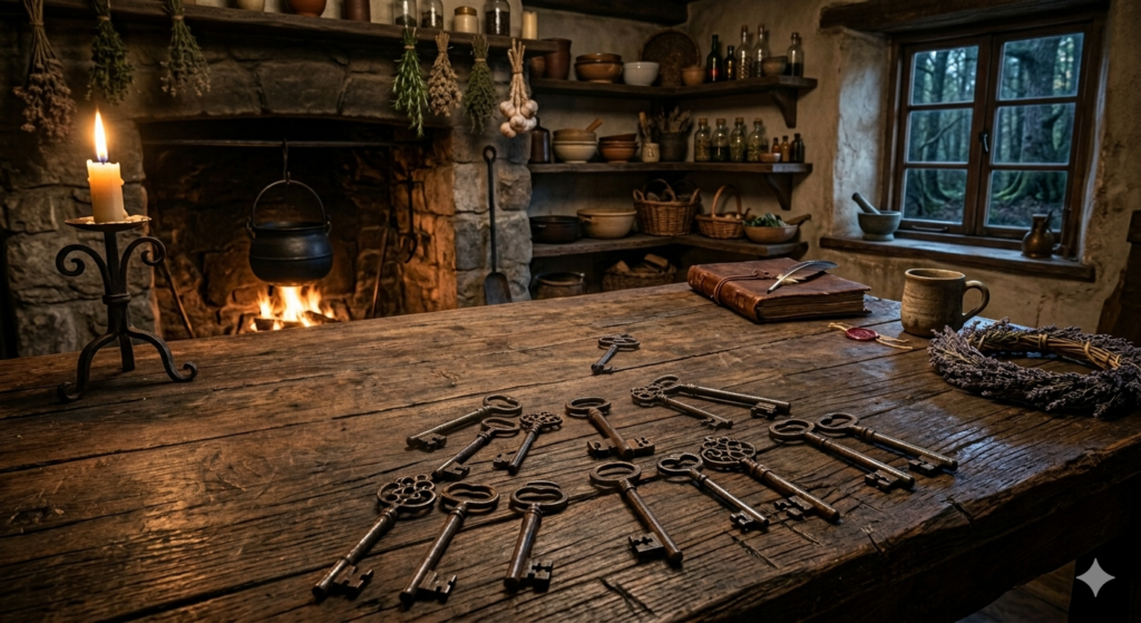 a large selection of old iron keys spread across an old wooden farmyard table. There is a roaring fire in the background and herbs hung above the fire place.