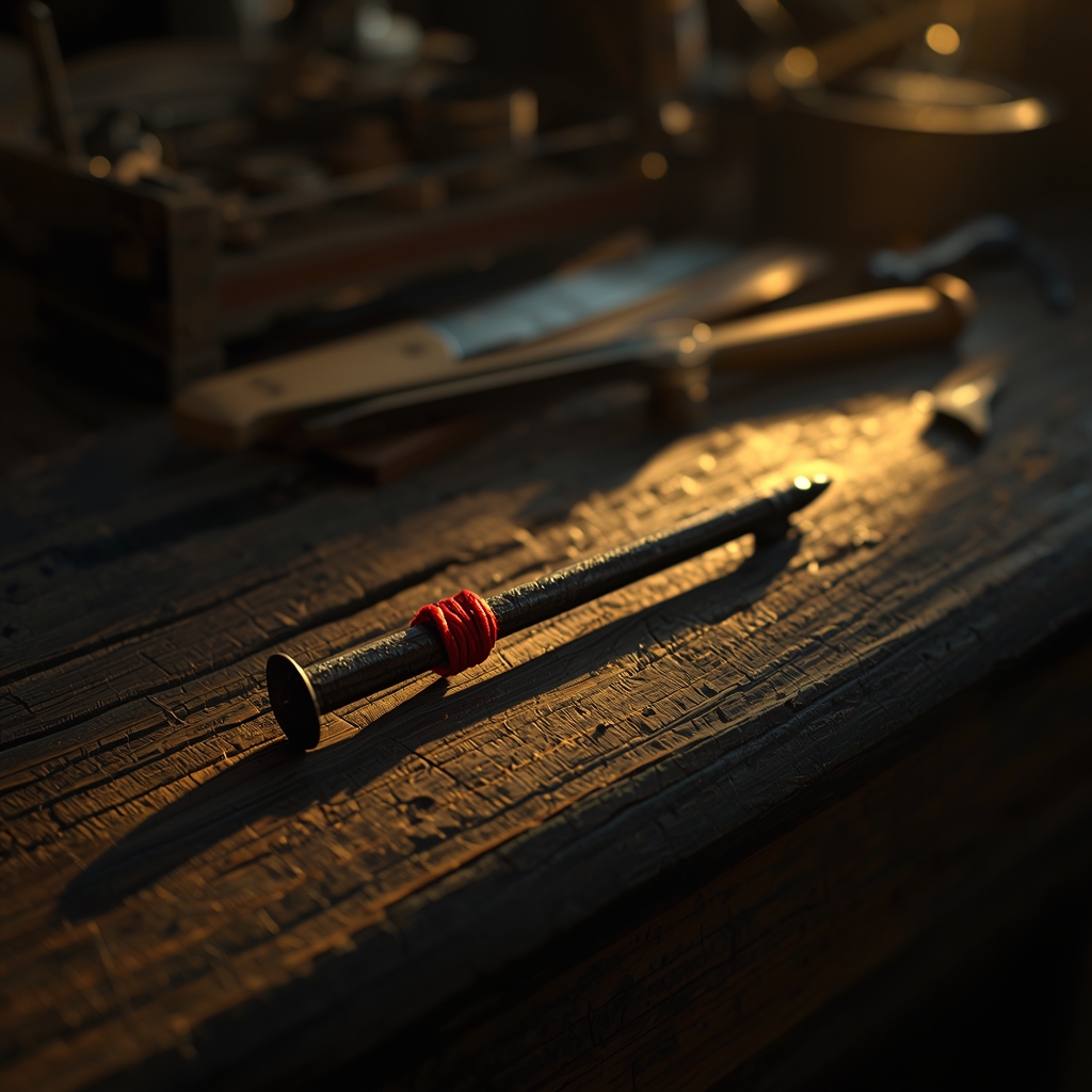 A long nail on a wooden bench by the fire. The nail has been tied in a red thread. Piemontese traditions