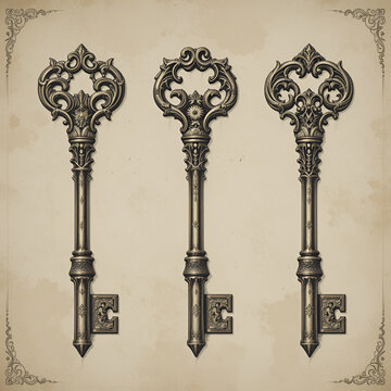 An illustration of 3 vintage keys in a row, symbolising good fortune granted to those that carried them. One for, health, wealth and love.