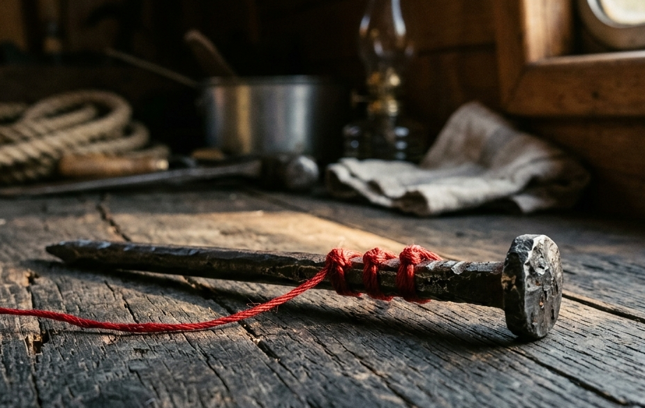 old nail lying on a wooden bench with a window to the right. The nail has bright red thread tied around it in 3 distinct knots along the shaft.